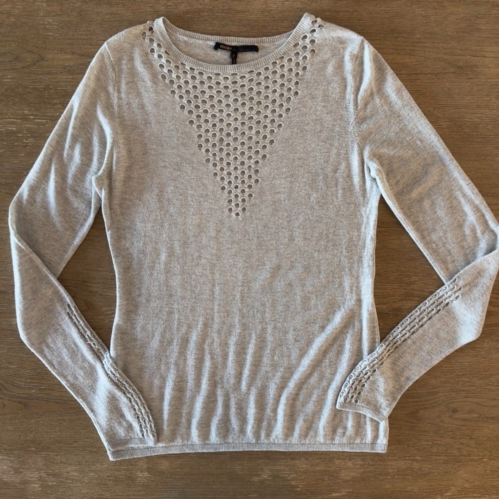 MAJE Pointelle Detail Cashmere Merino Wool Blend Pullover Sweater-Grey-Size 3